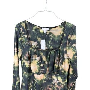 Topshop Dress Womens US 8 Medium Green Yellow Tie Dye Long Sleeve Mesh Sheer